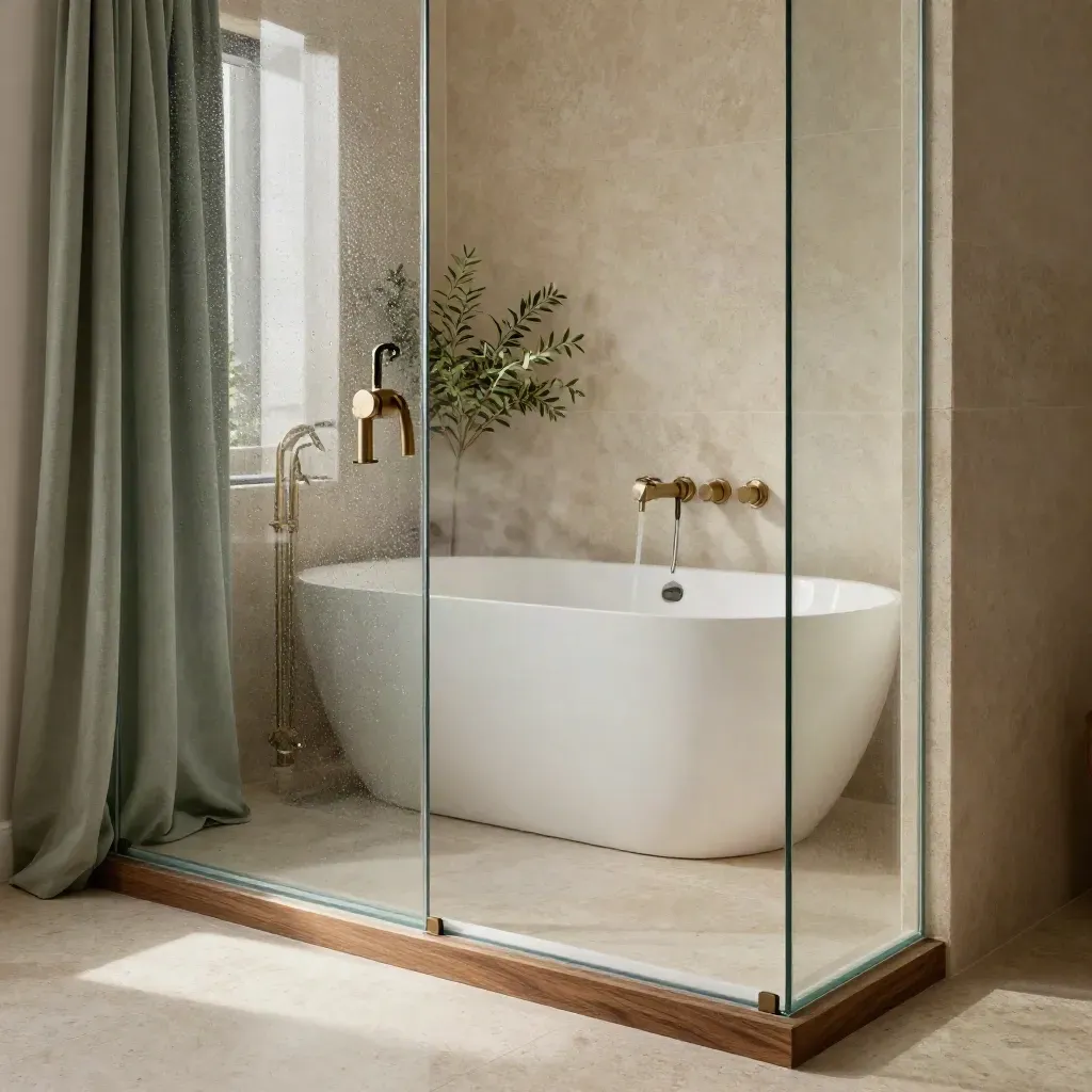 Freistehende Badewanne neben begehbarer Dusche mit Glaswand und Steinoberfläche